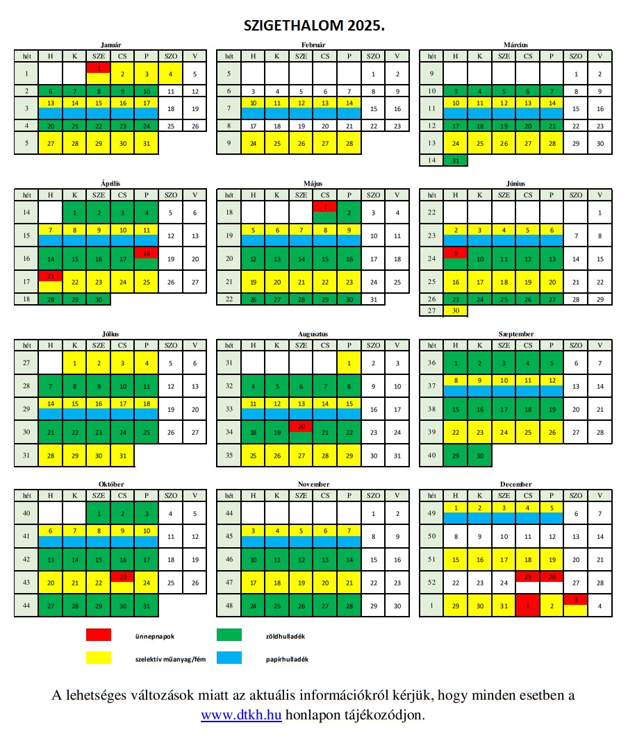 SZIGETHALOM szelektív naptár 2025